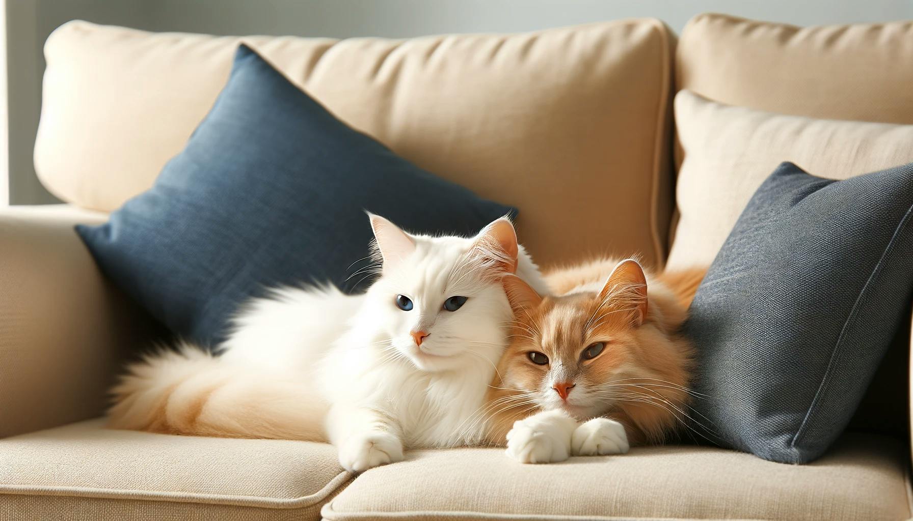 Två försäkrade katter som ligger och sover i soffan.